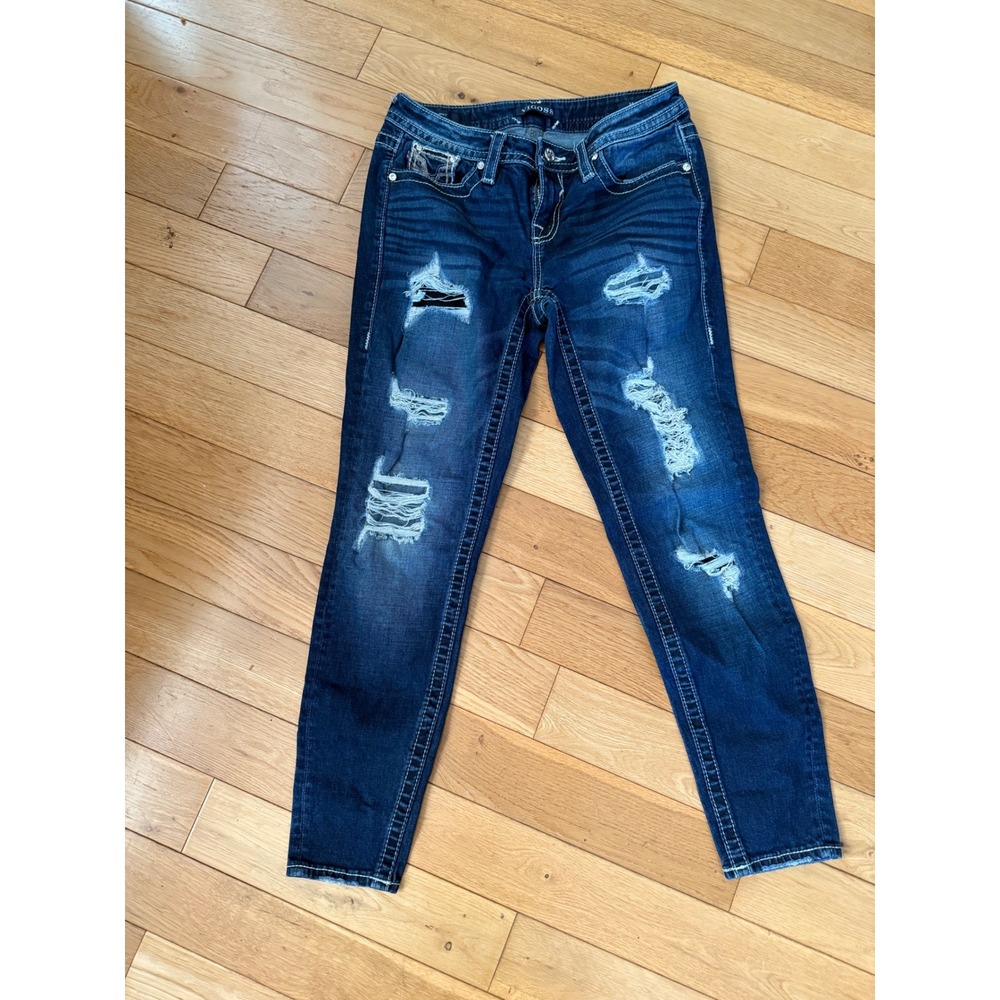 Vigoss Skinny Jeans Dark Wash Distressed Ripped Thick Stitch Rhinestone Women‎
